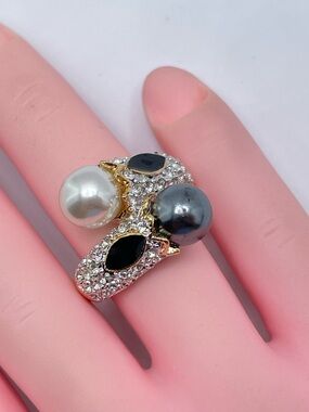 Diamond White Swarovski Crystal Elements Faux Pearl Ring Gold Statement Sz 7